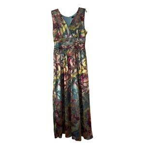 Ignite Evenings Metallic Floral Maxi Dress Silver Multi V-Neck Size 14 NWT